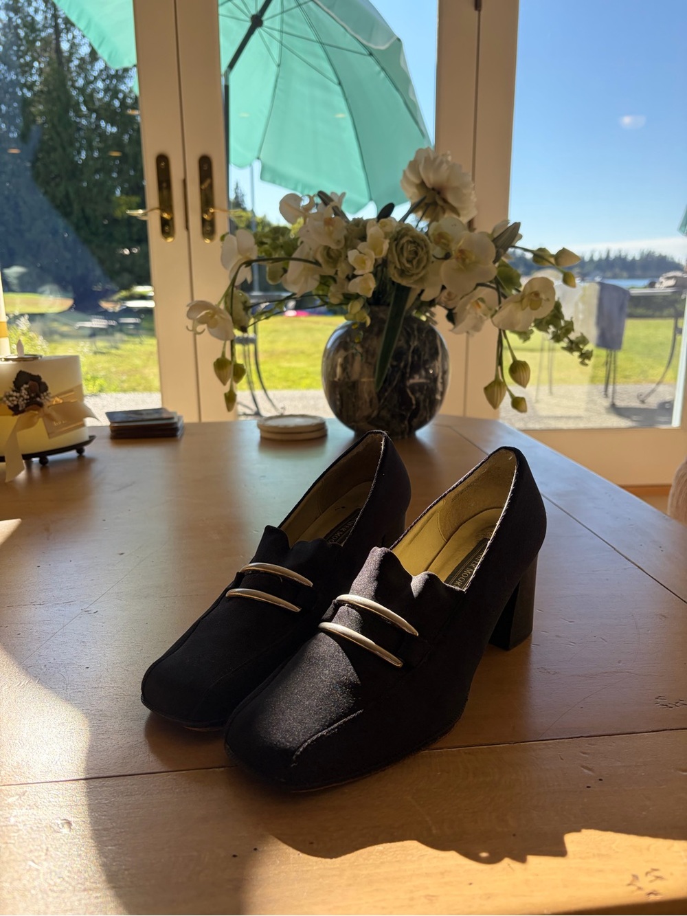 Jennifer Moore Black Block Heel Loafers with Gold Accent